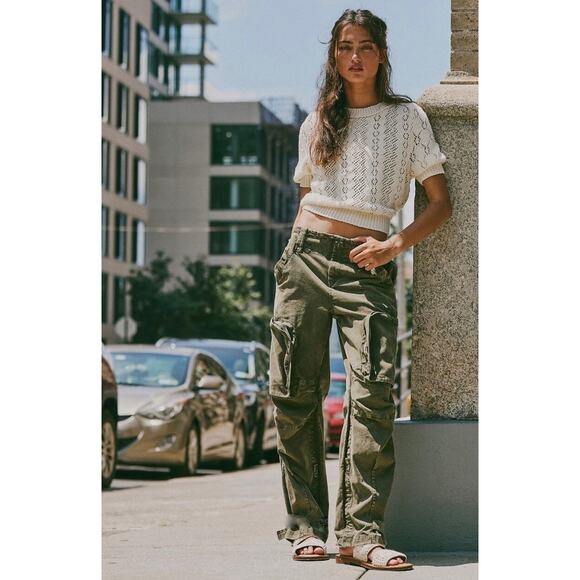 We The Free People Can't Compare Slouch Pants Cargo Green M Straight Mid-Rise - Picture 9 of 10